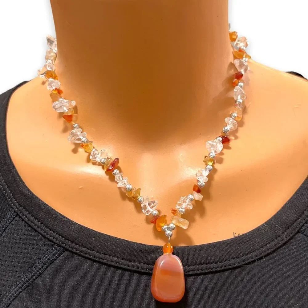 Natural Stone Chip Necklace with Stone Pendant